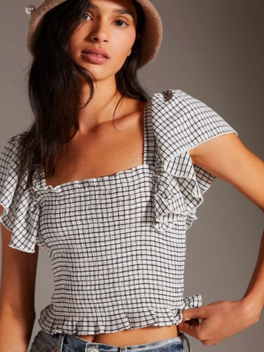 Maeve by Anthropologie Plaid Cropped Ruched Ruffle Tank Top Small